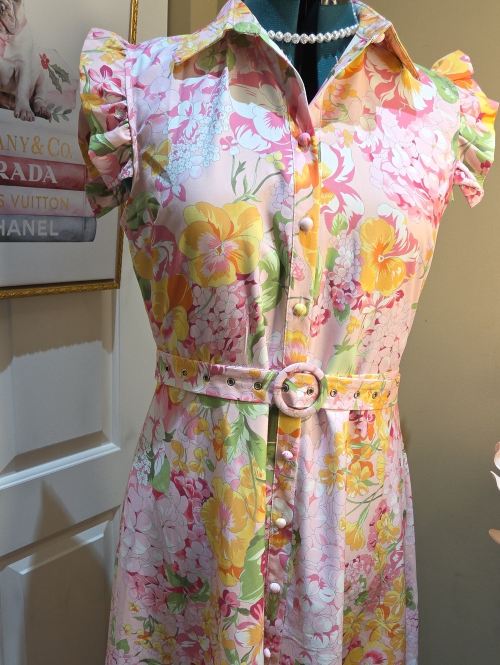 Nwt Large & Medium Dalia Macphee Pink Floral Midi Dress with Collar & Ruffle - Picture 14 of 17